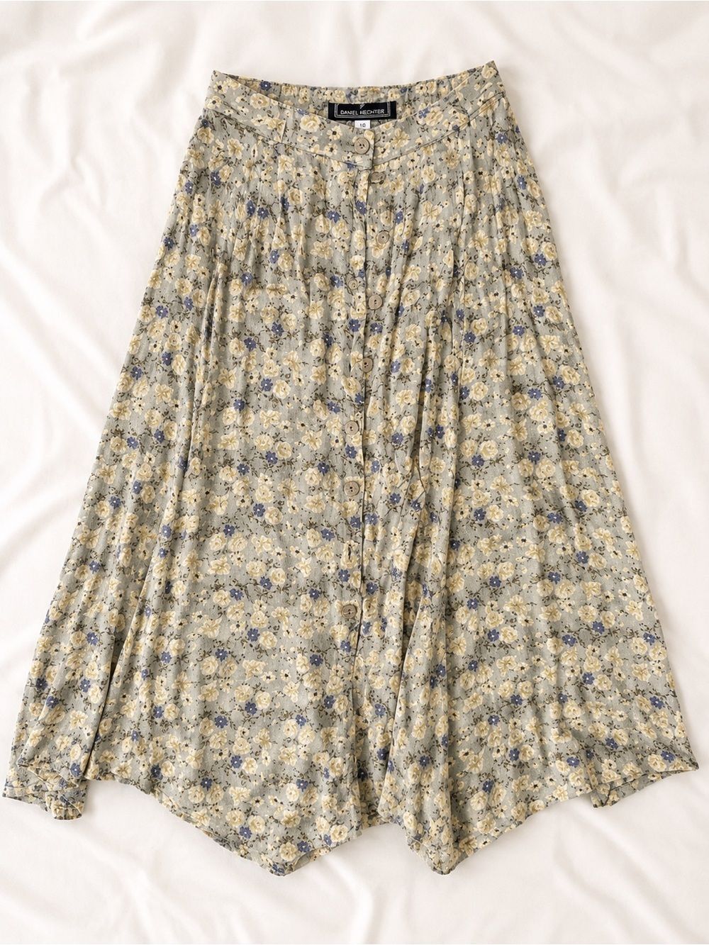 Daniel Hechter Floral A-Line Midi Skirt in Sage, Blue, and Cream